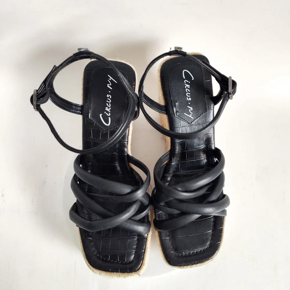 Sam Edelman Sandals Size 7.5‎ Wedge Espadrille Black Strappy Platform Square Toe